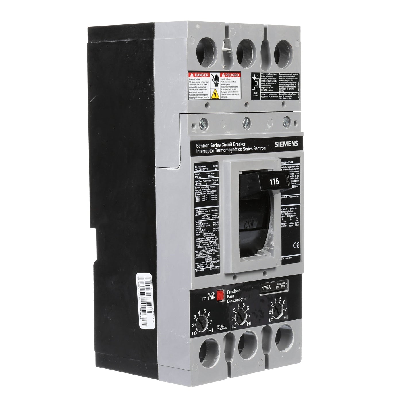 Siemens HFXD63B175 Circuit Breaker | 600V 175A 3P 65kA@480V Bolt-On Sentron Series