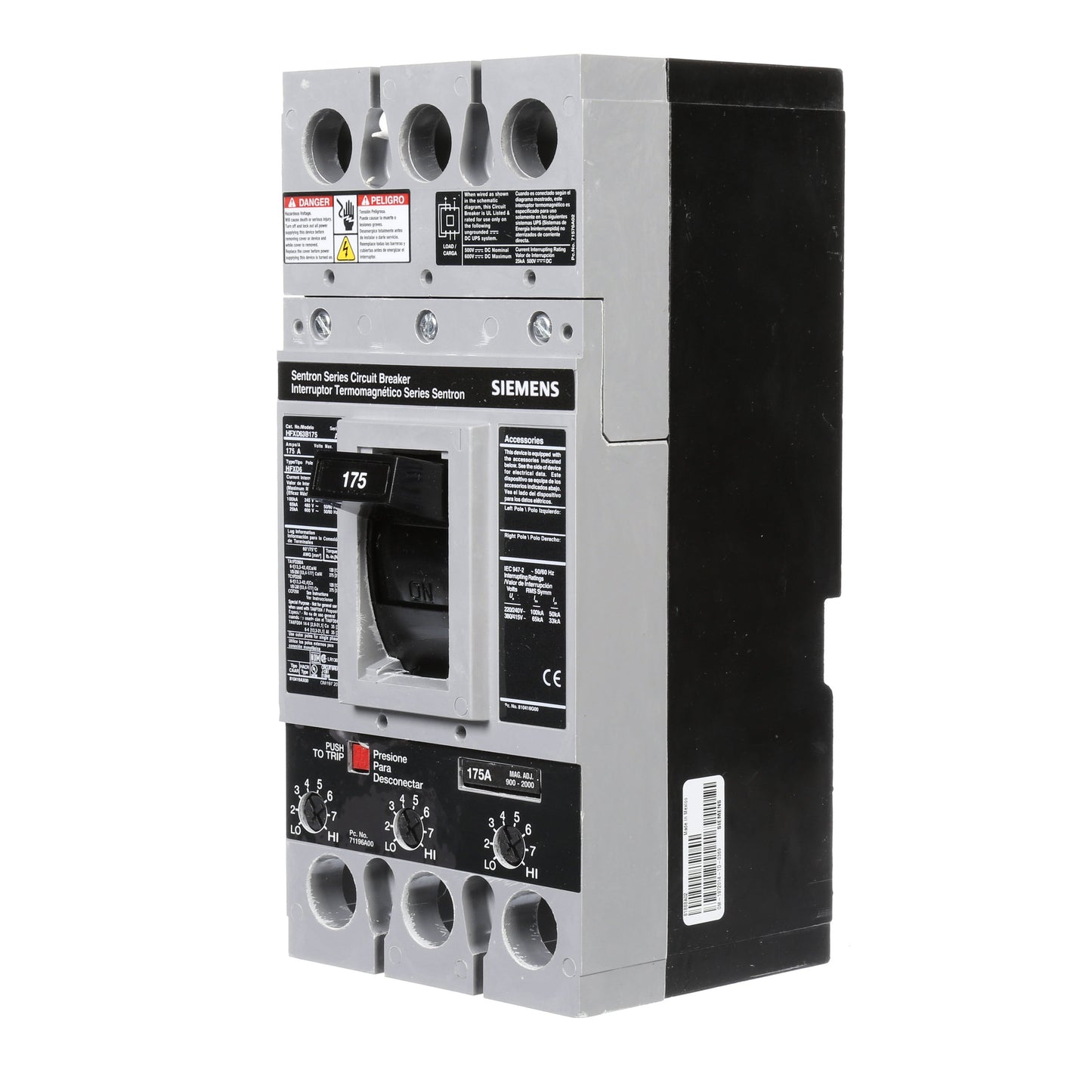 Siemens HFXD63B175 Circuit Breaker | 600V 175A 3P 65kA@480V Bolt-On Sentron Series