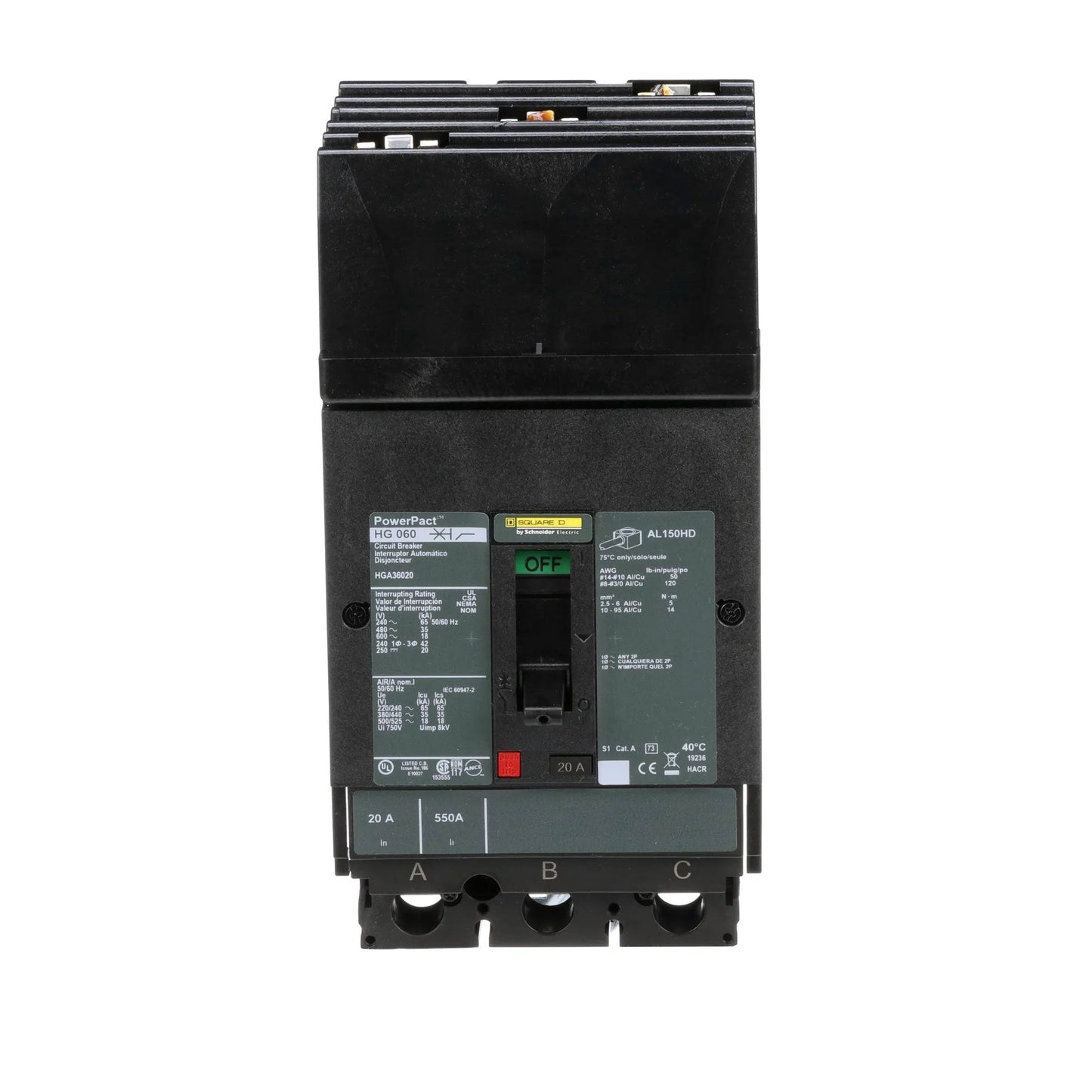 Square D HGA36020 Circuit Breaker | 600V 20A 3P 35kA@480V Plug In Panelboard Powerpact