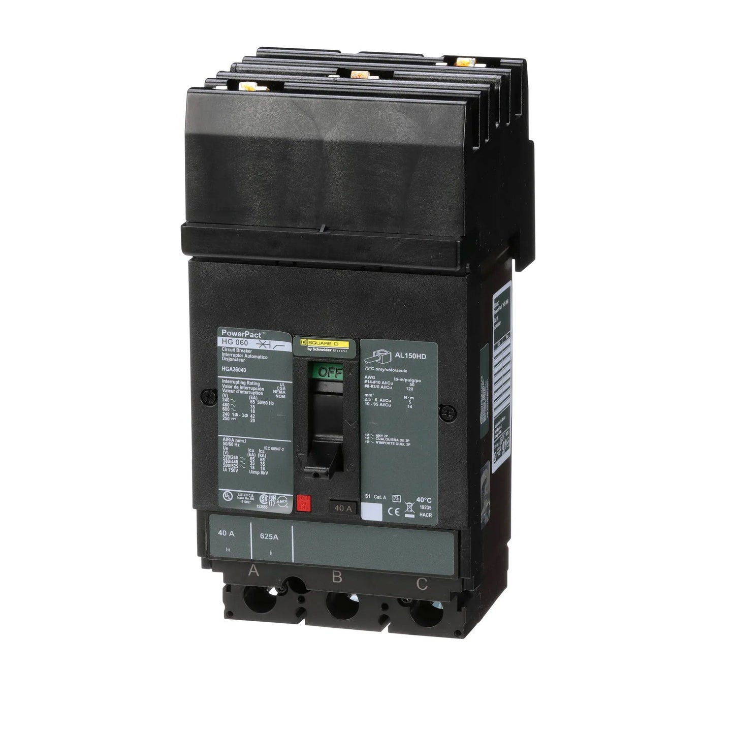 Square D HGA36040 Circuit Breaker | 600V 40A 3P 35kA@480V I-Line Plug-In Powerpact