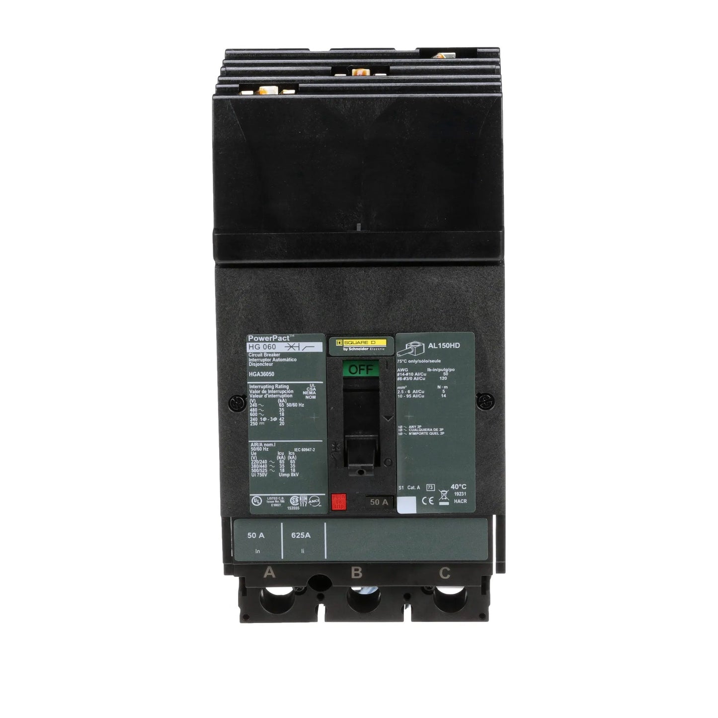 Square D HGA36050 Circuit Breaker | 600V 50A 3P 35kA@480V I-Line Style Plug-In Powerpact