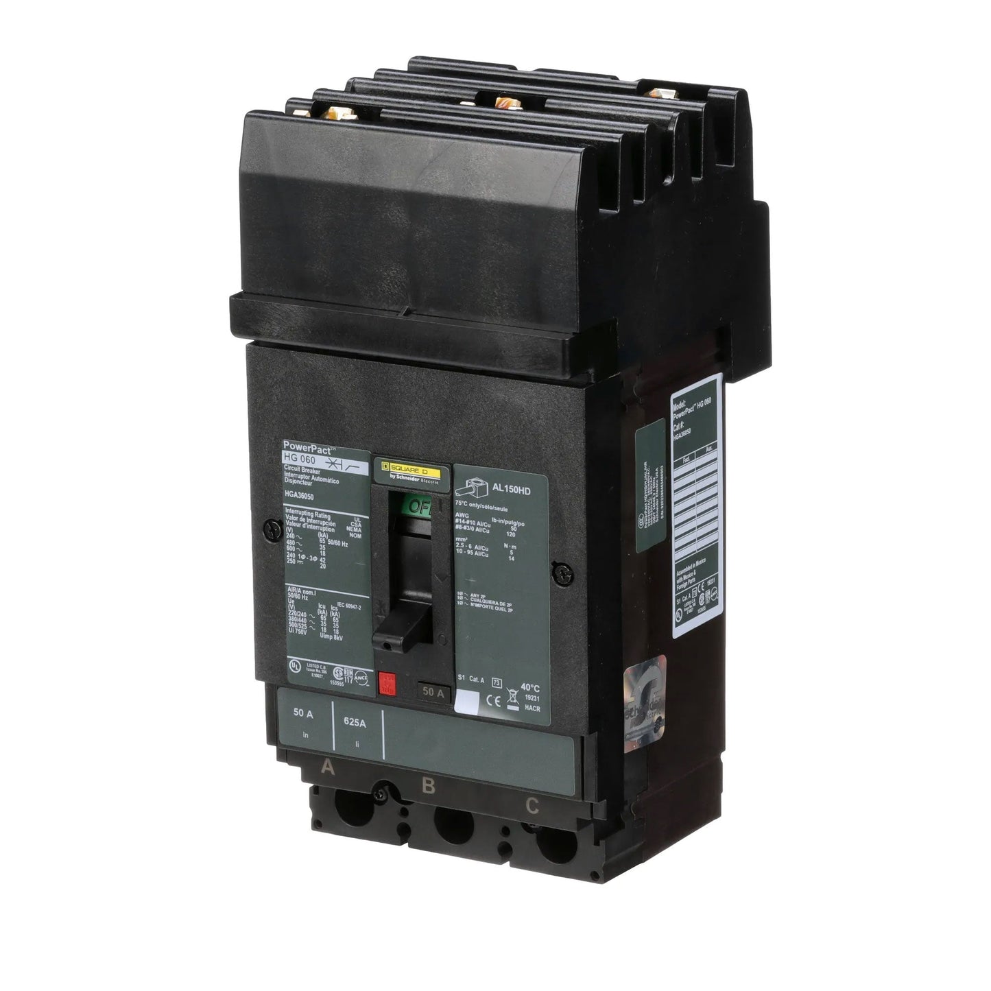 Square D HGA36050 Circuit Breaker | 600V 50A 3P 35kA@480V I-Line Style Plug-In Powerpact