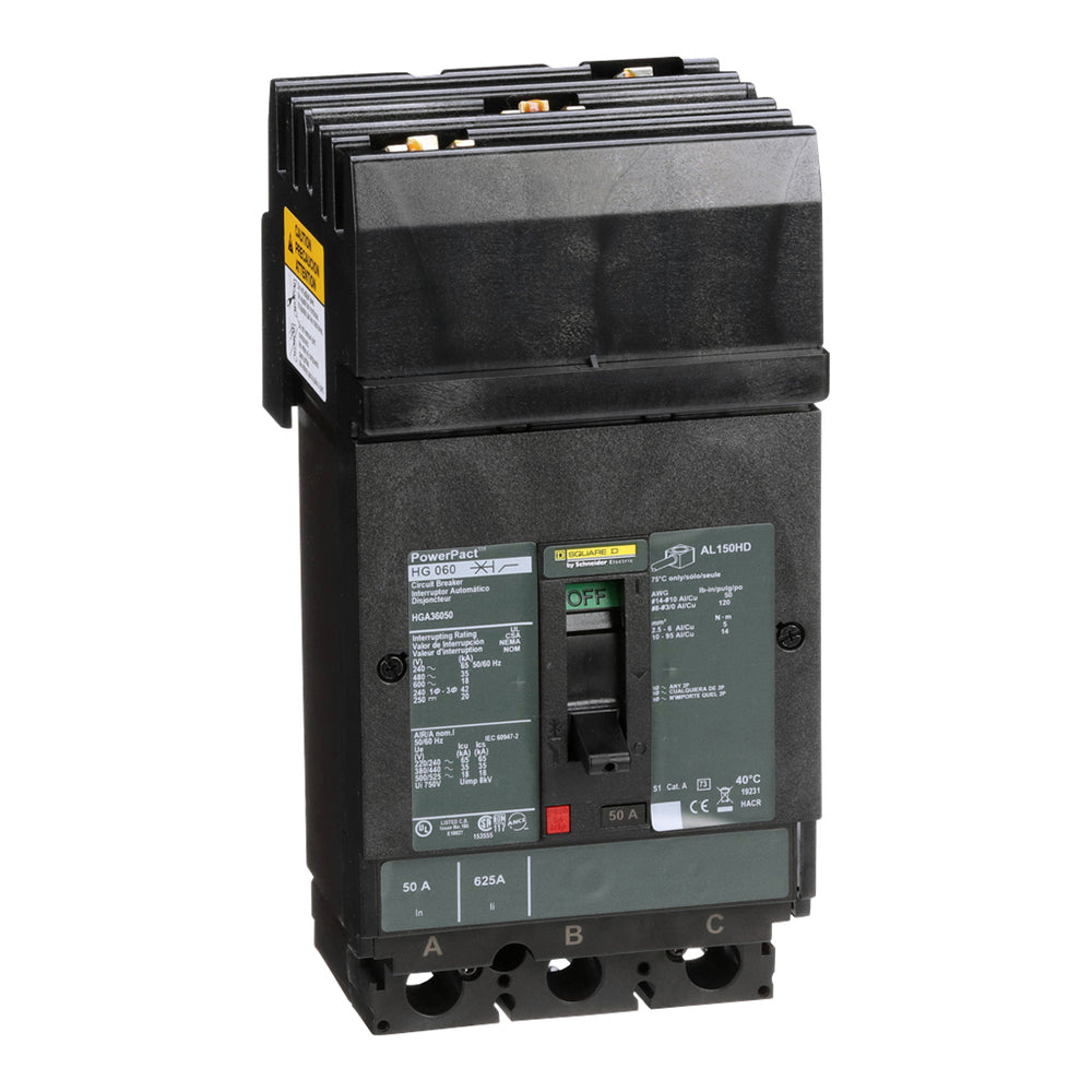Square D HGA36050 Circuit Breaker | 600V 50A 3P 35kA@480V I-Line Style Plug-In Powerpact