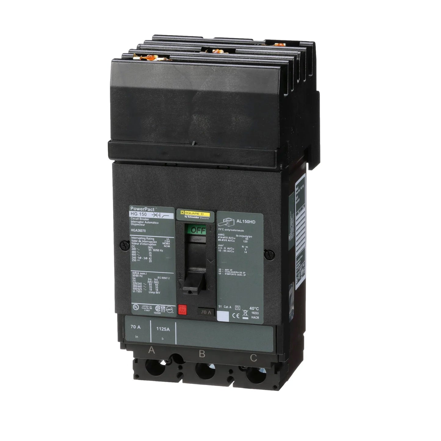 Square D HGA36070 Circuit Breaker | 600V 70A 3P 35kA@480V I-Line Plug-In Powerpact