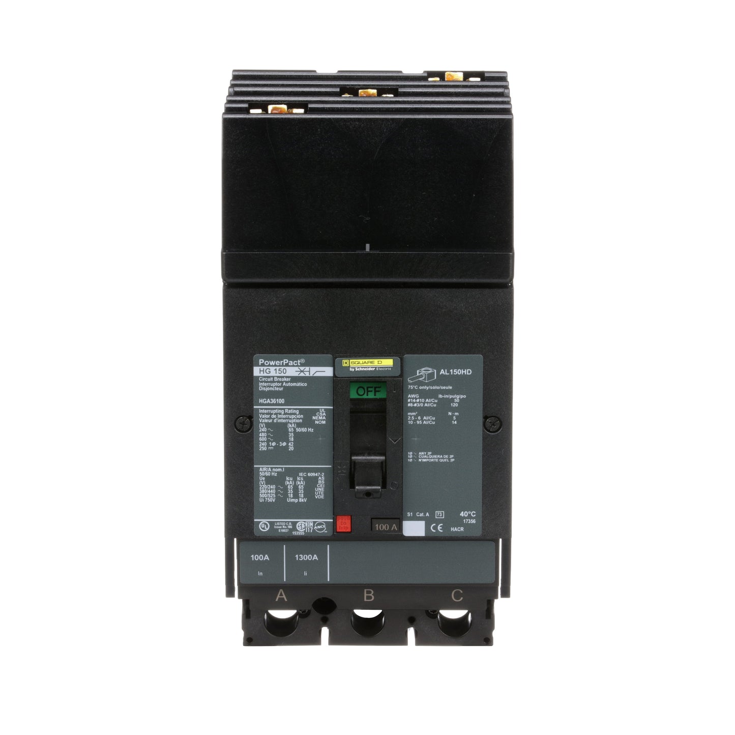Square D HGA36100 Circuit Breaker | 600V 100A 3P 35kA@480V Powerpact