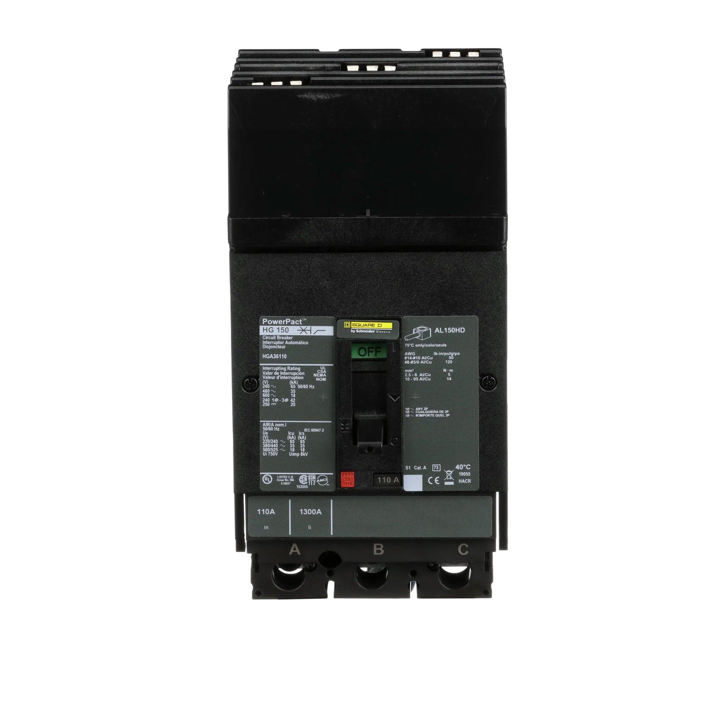 Square D HGA36110 Circuit Breaker | 600V 110A 3P 35kA@480V I-Line Style Plug-In Powerpact