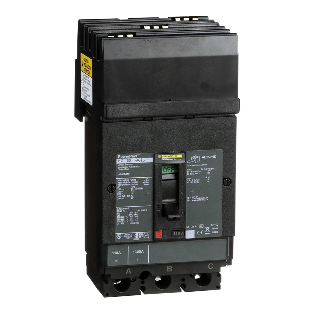 Square D HGA36110 Circuit Breaker | 600V 110A 3P 35kA@480V I-Line Style Plug-In Powerpact
