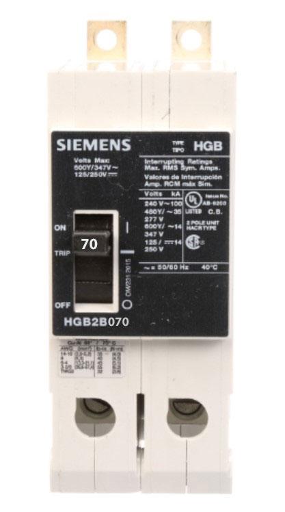 Siemens HGB2B070B Molded Case Circuit Breaker | 600V 70A 2P 100kA@240V Bolt-On VL Series