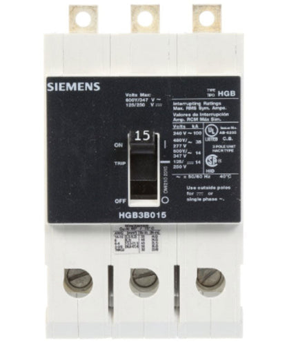 Siemens HGB3B015B Molded Case Circuit Breaker | 600V 15A 3P 100kA@240V Bolt-On VL Series