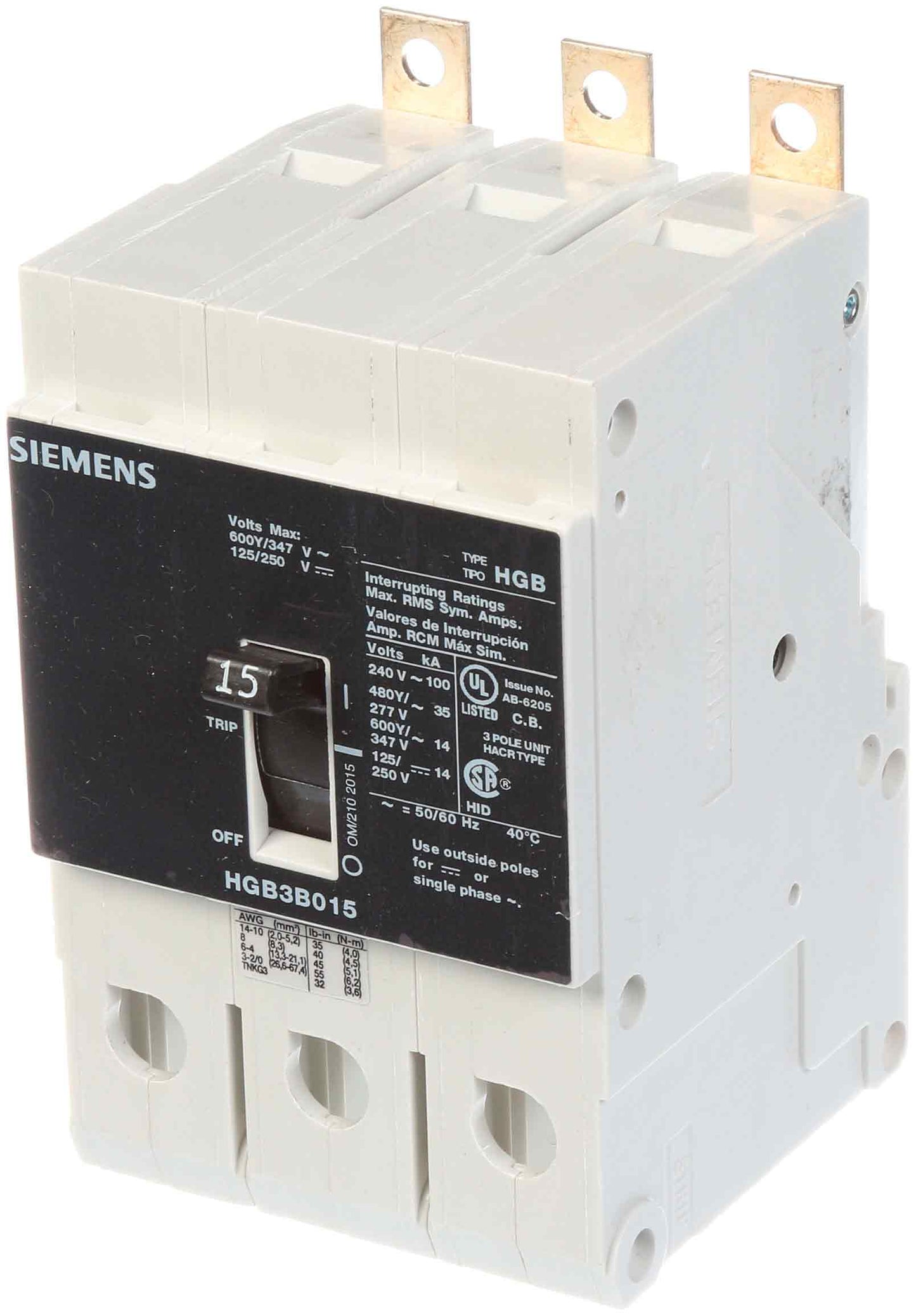 Siemens HGB3B015B Molded Case Circuit Breaker | 600V 15A 3P 100kA@240V Bolt-On VL Series