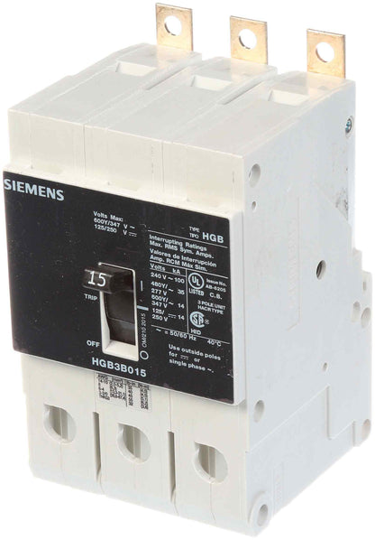 Siemens HGB3B015B Molded Case Circuit Breaker | 600V 15A 3P 100kA@240V Bolt-On VL Series