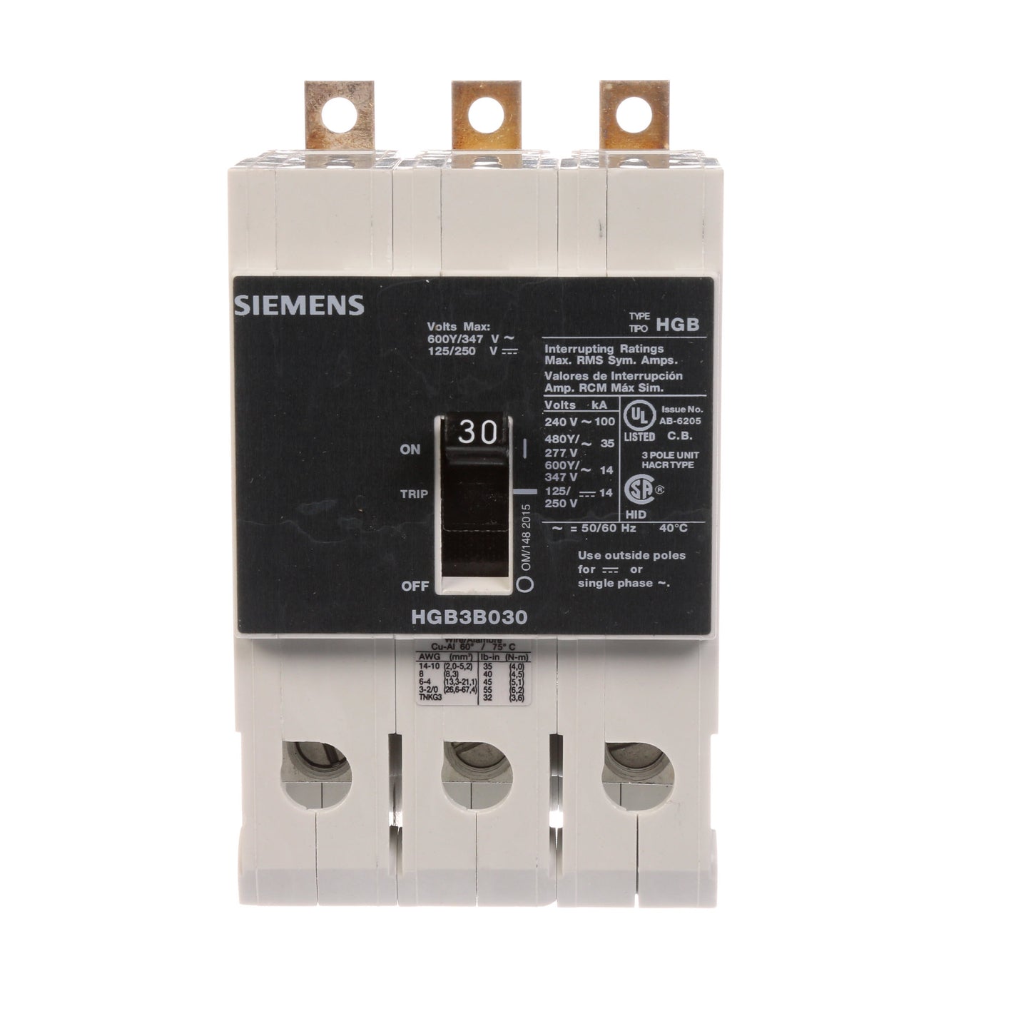 Siemens HGB3B030B Molded Case Circuit Breaker | 600V 30A 3P 100kA@240V Bolt-On VL Series