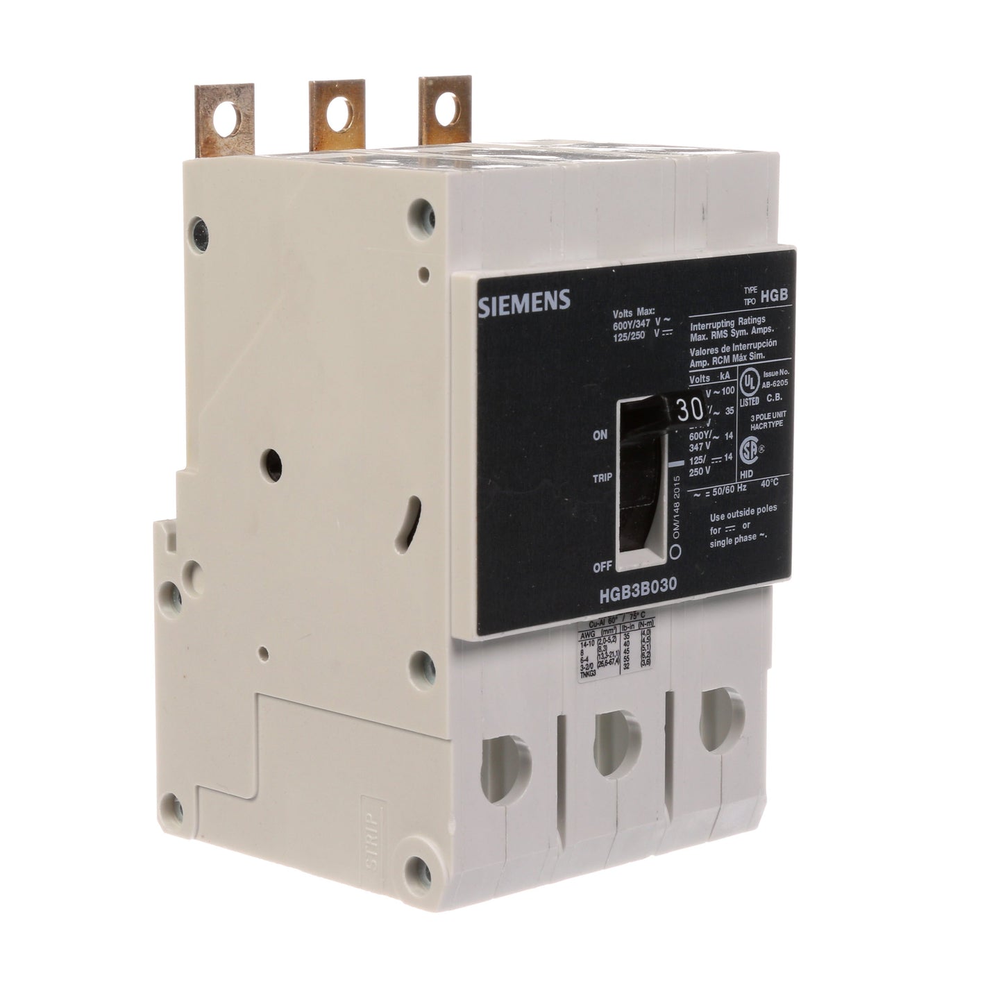 Siemens HGB3B030B Molded Case Circuit Breaker | 600V 30A 3P 100kA@240V Bolt-On VL Series