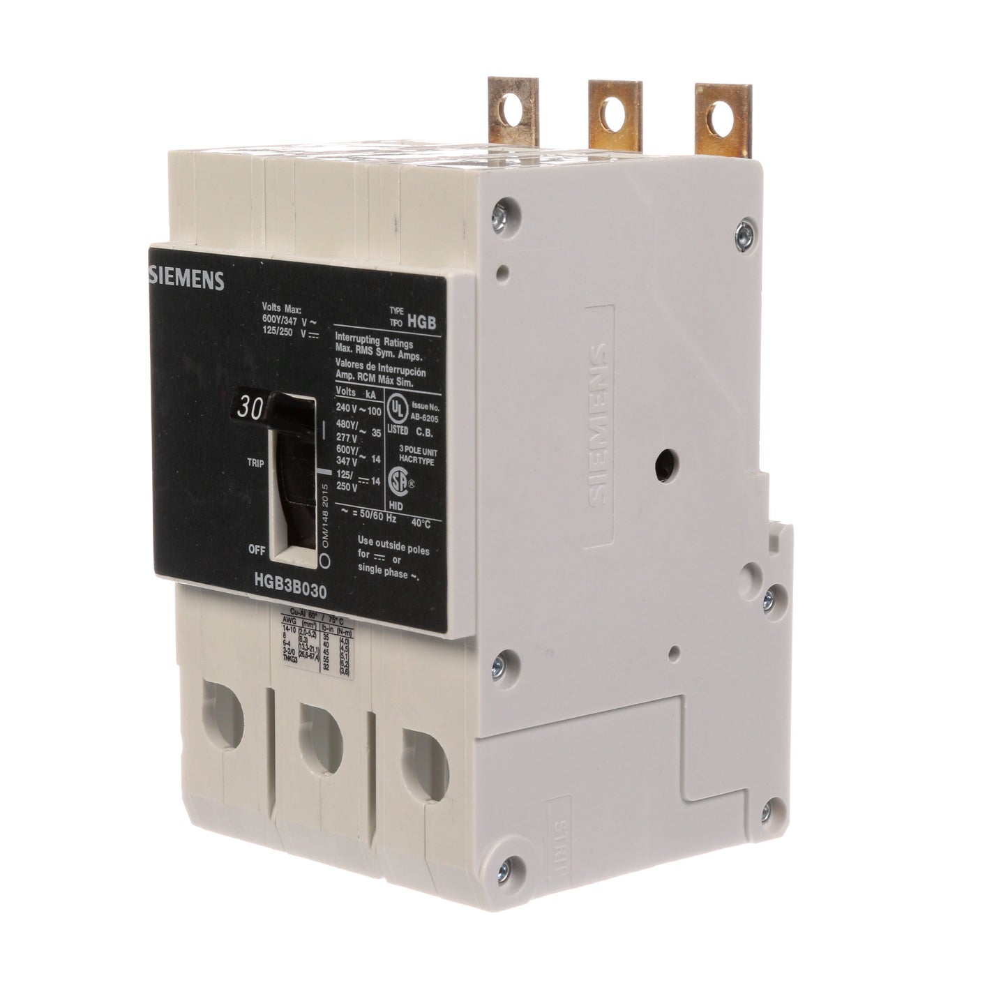 Siemens HGB3B030B Molded Case Circuit Breaker | 600V 30A 3P 100kA@240V Bolt-On VL Series