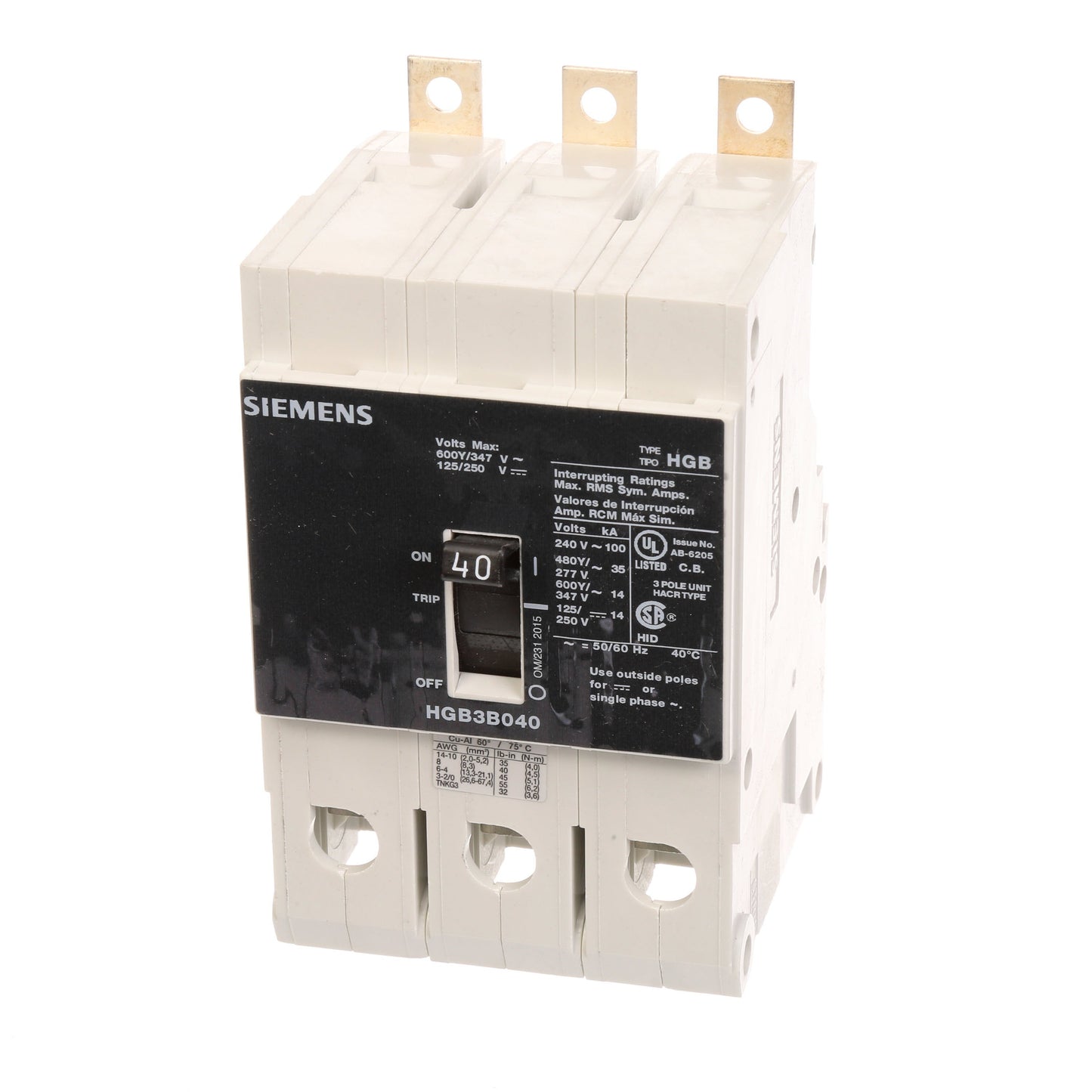 Siemens HGB3B040B Molded Case Circuit Breaker | 600V 40A 3P 100kA@240V Bolt-On VL Series