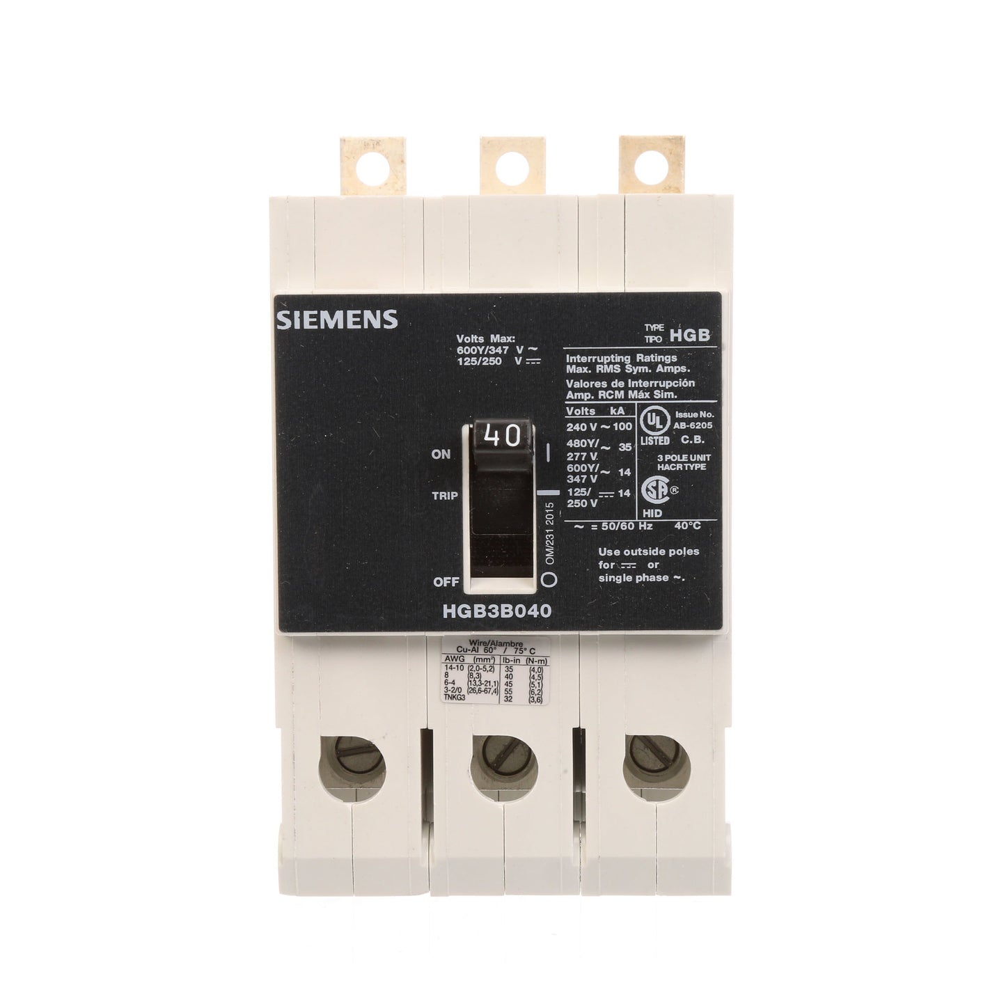 Siemens HGB3B040B Molded Case Circuit Breaker | 600V 40A 3P 100kA@240V Bolt-On VL Series