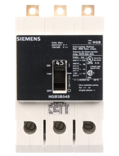 Siemens HGB3B045B Molded Case Circuit Breaker | 600V 45A 3P 100kA@240V Bolt-On VL Series