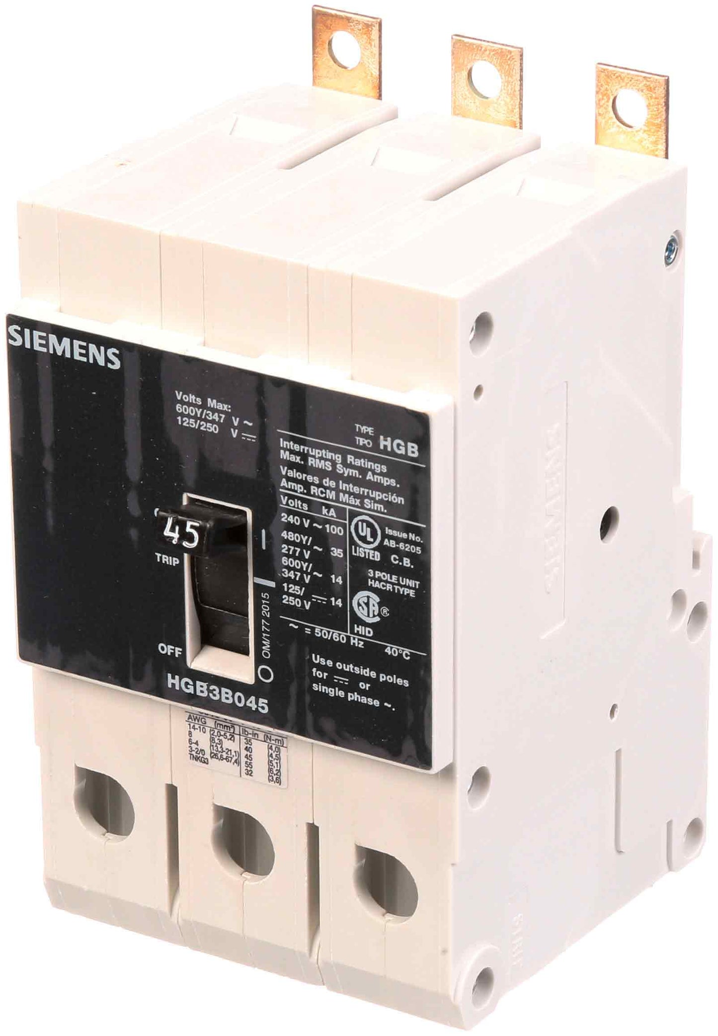 Siemens HGB3B045B Molded Case Circuit Breaker | 600V 45A 3P 100kA@240V Bolt-On VL Series