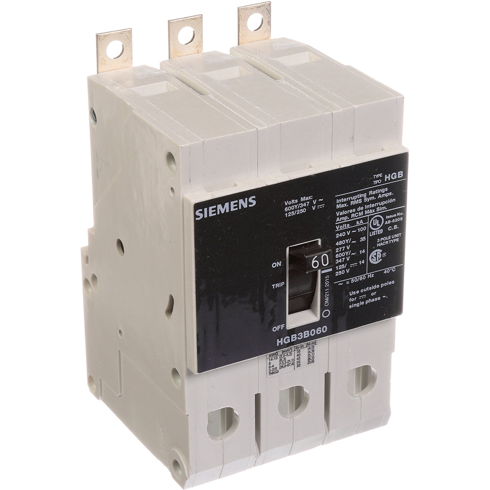 Siemens HGB3B060B Molded Case Circuit Breaker | 600V 60A 3P 100kA@240V Bolt-On VL Series