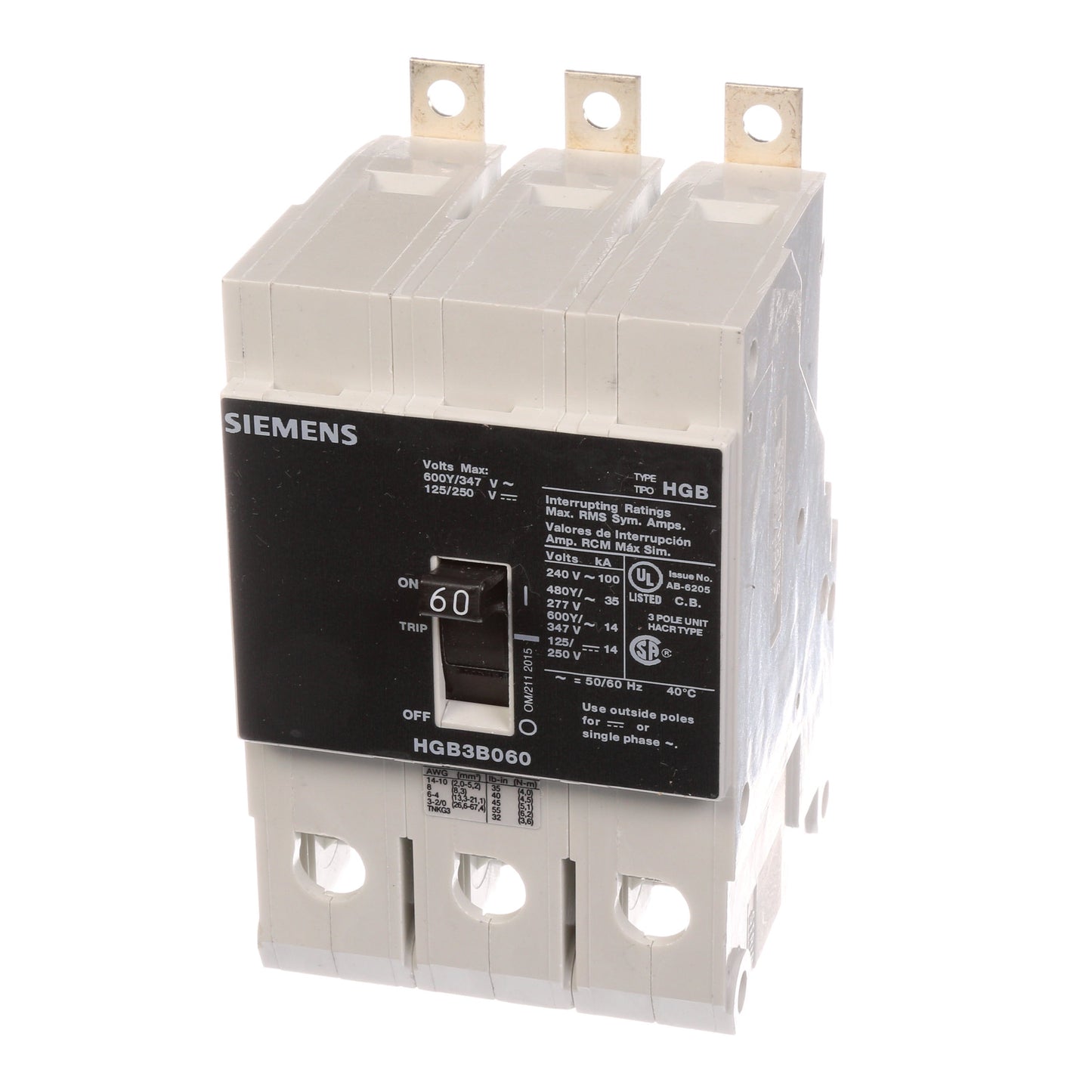 Siemens HGB3B060B Molded Case Circuit Breaker | 600V 60A 3P 100kA@240V Bolt-On VL Series
