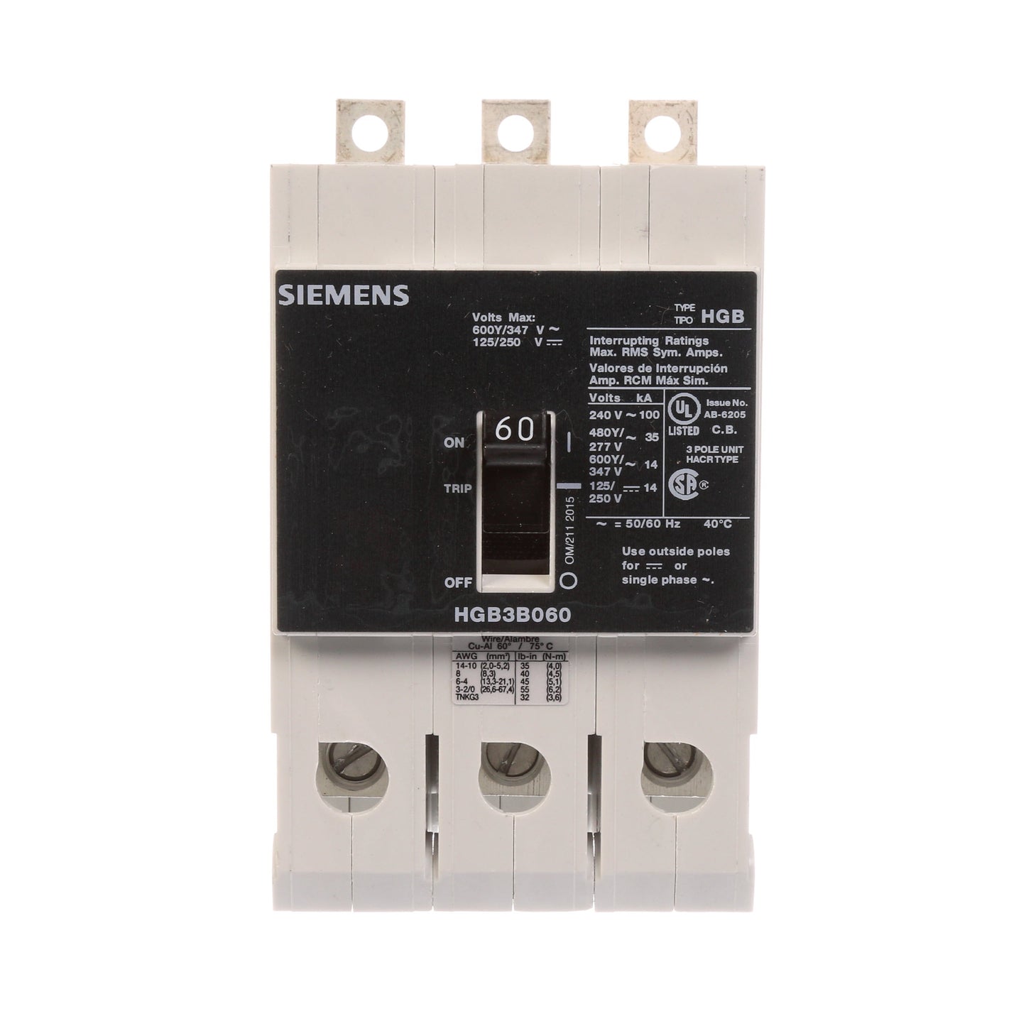 Siemens HGB3B060B Molded Case Circuit Breaker | 600V 60A 3P 100kA@240V Bolt-On VL Series