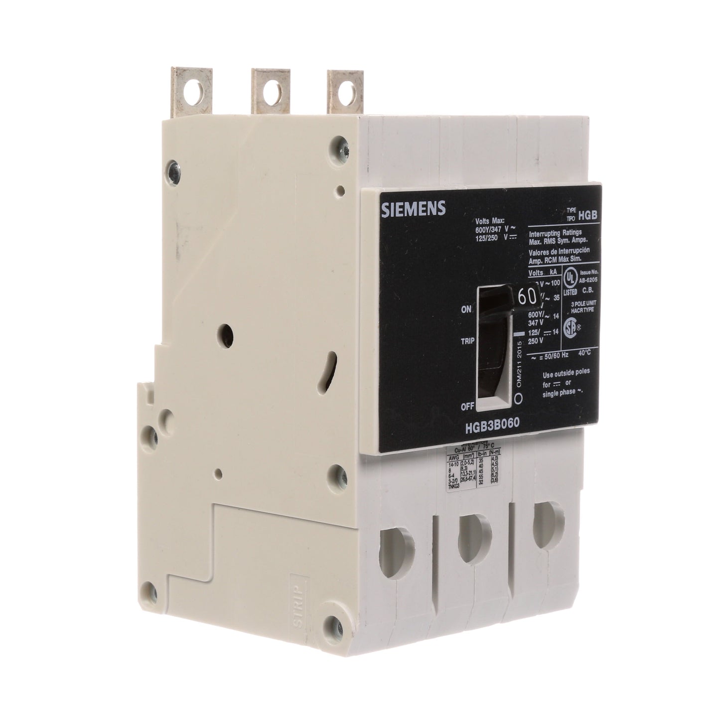 Siemens HGB3B060B Molded Case Circuit Breaker | 600V 60A 3P 100kA@240V Bolt-On VL Series