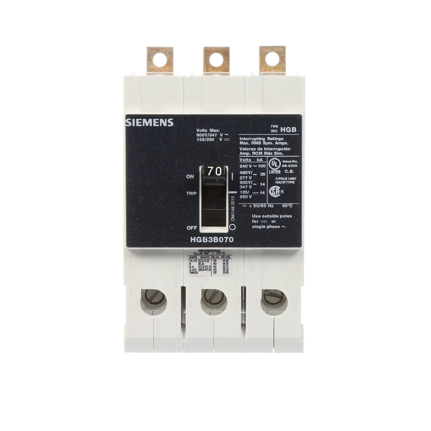 Siemens HGB3B070B Circuit Breaker | VL Series HGB 600V 70A