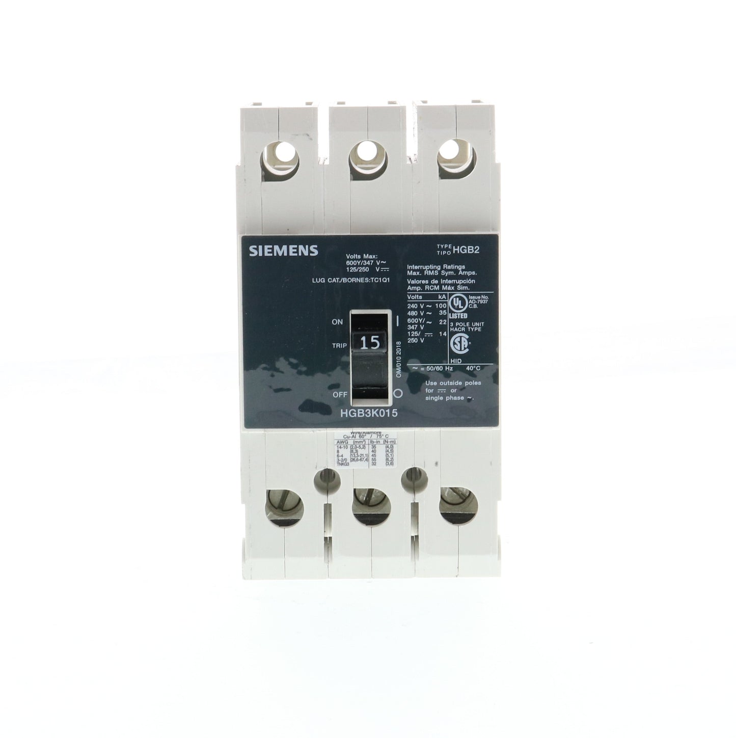 Siemens HGB3K015B Circuit Breaker | 600V 15A 3P 35kA@480V Bolt-On GB2 Series