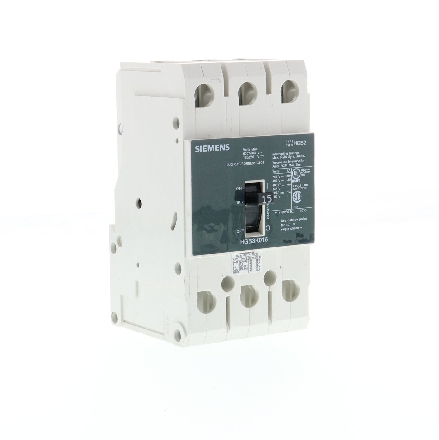Siemens HGB3K015B Circuit Breaker | 600V 15A 3P 35kA@480V Bolt-On GB2 Series