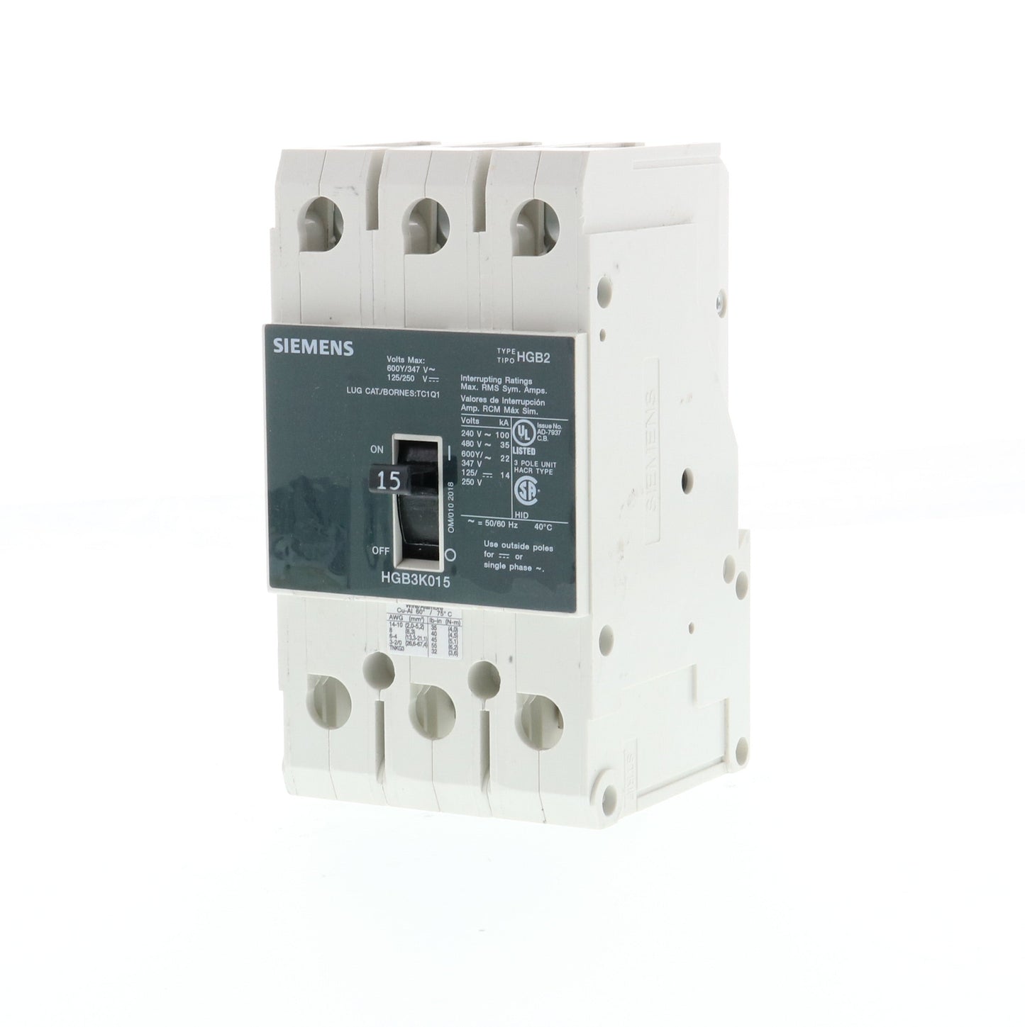 Siemens HGB3K015B Circuit Breaker | 600V 15A 3P 35kA@480V Bolt-On GB2 Series