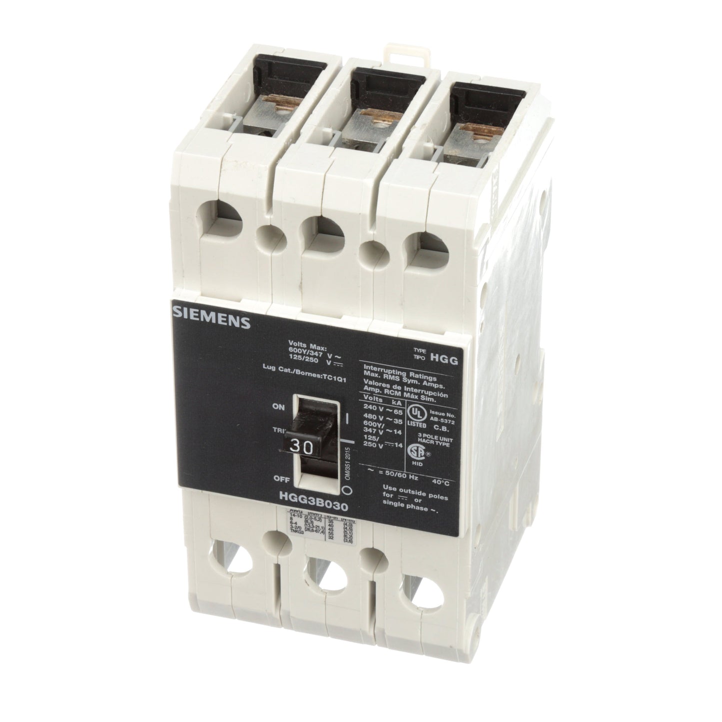 Siemens HGG3B030L Molded Case Circuit Breaker | 600V 30A 3P 35kA@480V Feed-Thru VL Series