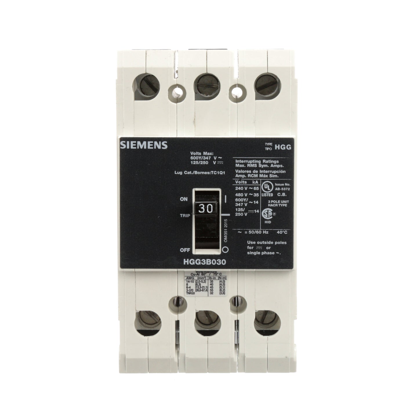 Siemens HGG3B030L Molded Case Circuit Breaker | 600V 30A 3P 35kA@480V Feed-Thru VL Series