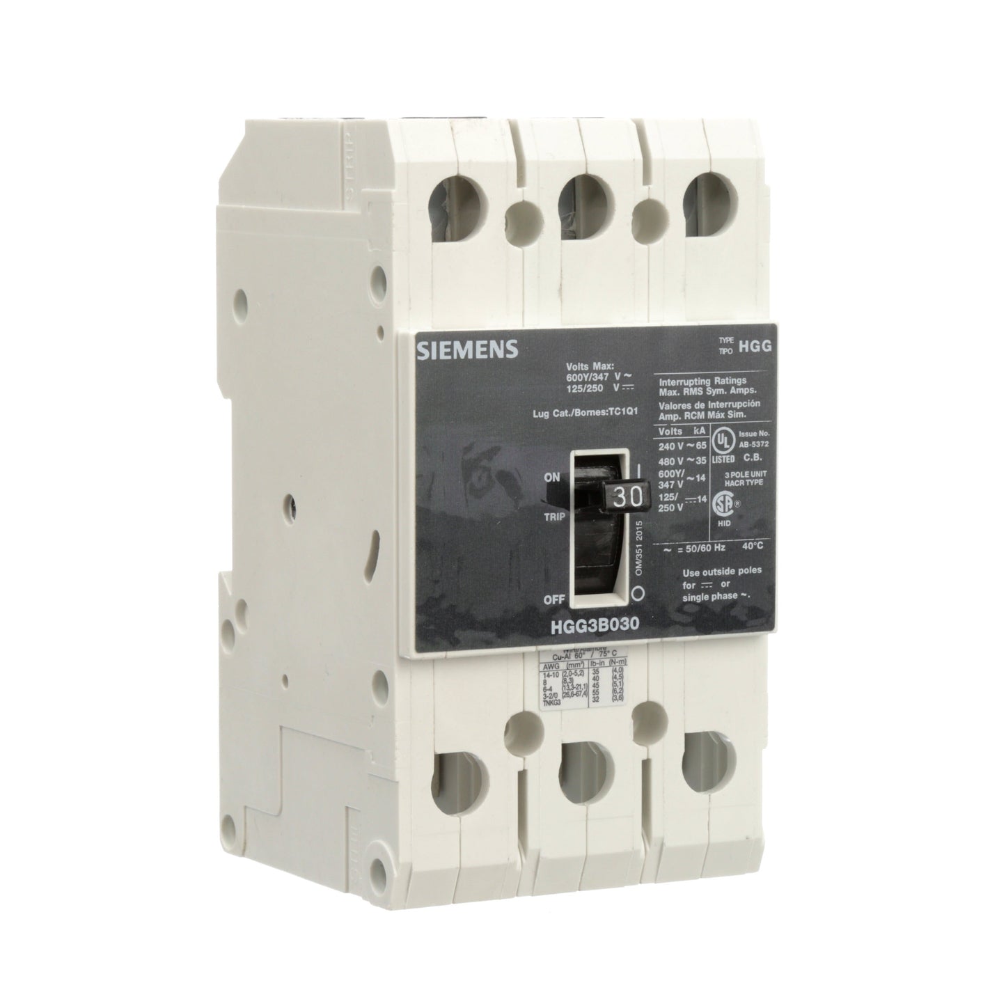 Siemens HGG3B030L Molded Case Circuit Breaker | 600V 30A 3P 35kA@480V Feed-Thru VL Series