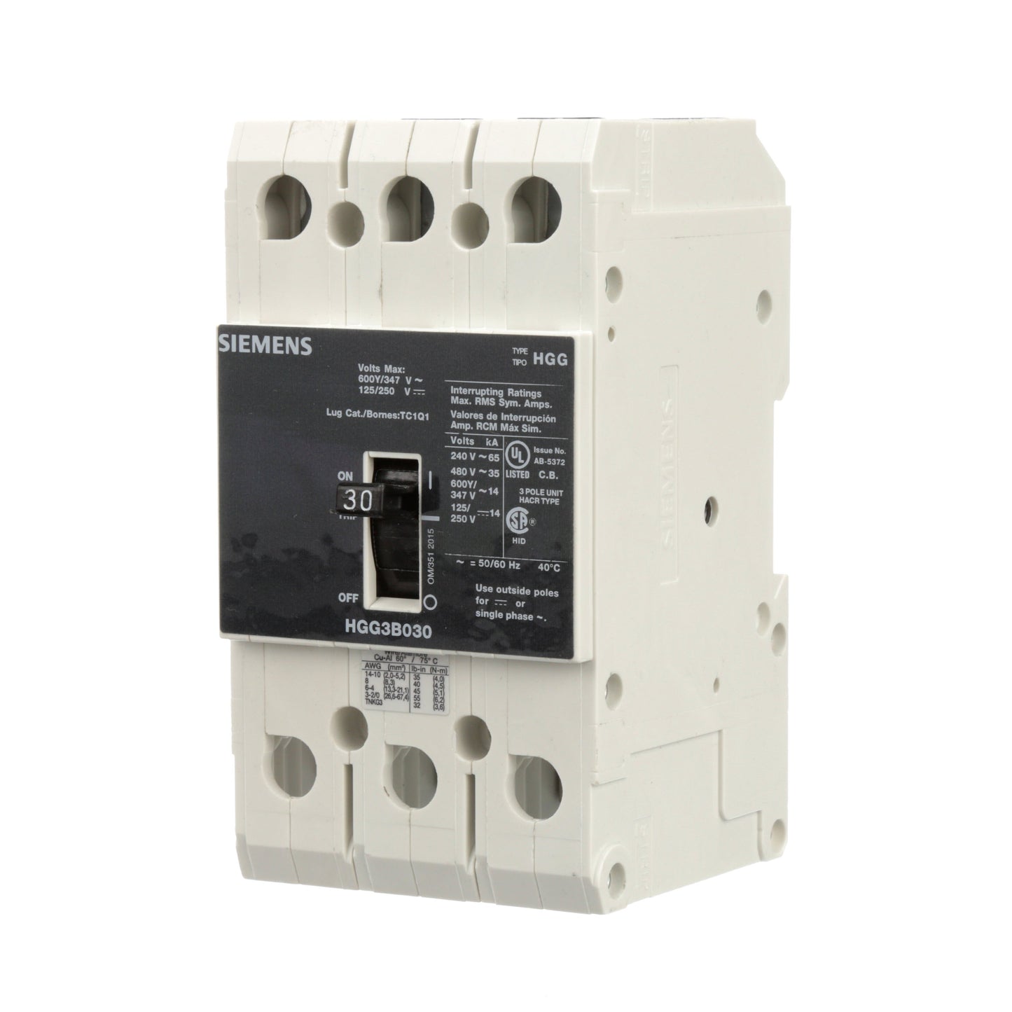 Siemens HGG3B030L Molded Case Circuit Breaker | 600V 30A 3P 35kA@480V Feed-Thru VL Series