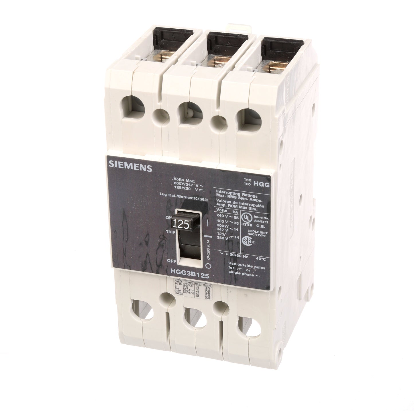 Siemens HGG3B125L Circuit Breaker | 600V 125A 3P 35kA@480V Feed-Thru VL Series