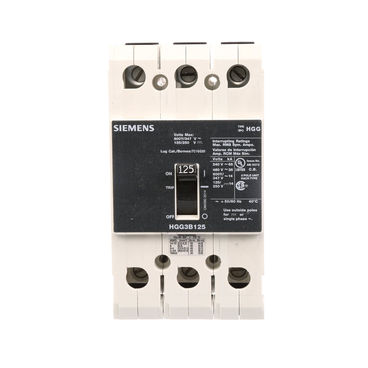 Siemens HGG3B125L Circuit Breaker | 600V 125A 3P 35kA@480V Feed-Thru VL Series