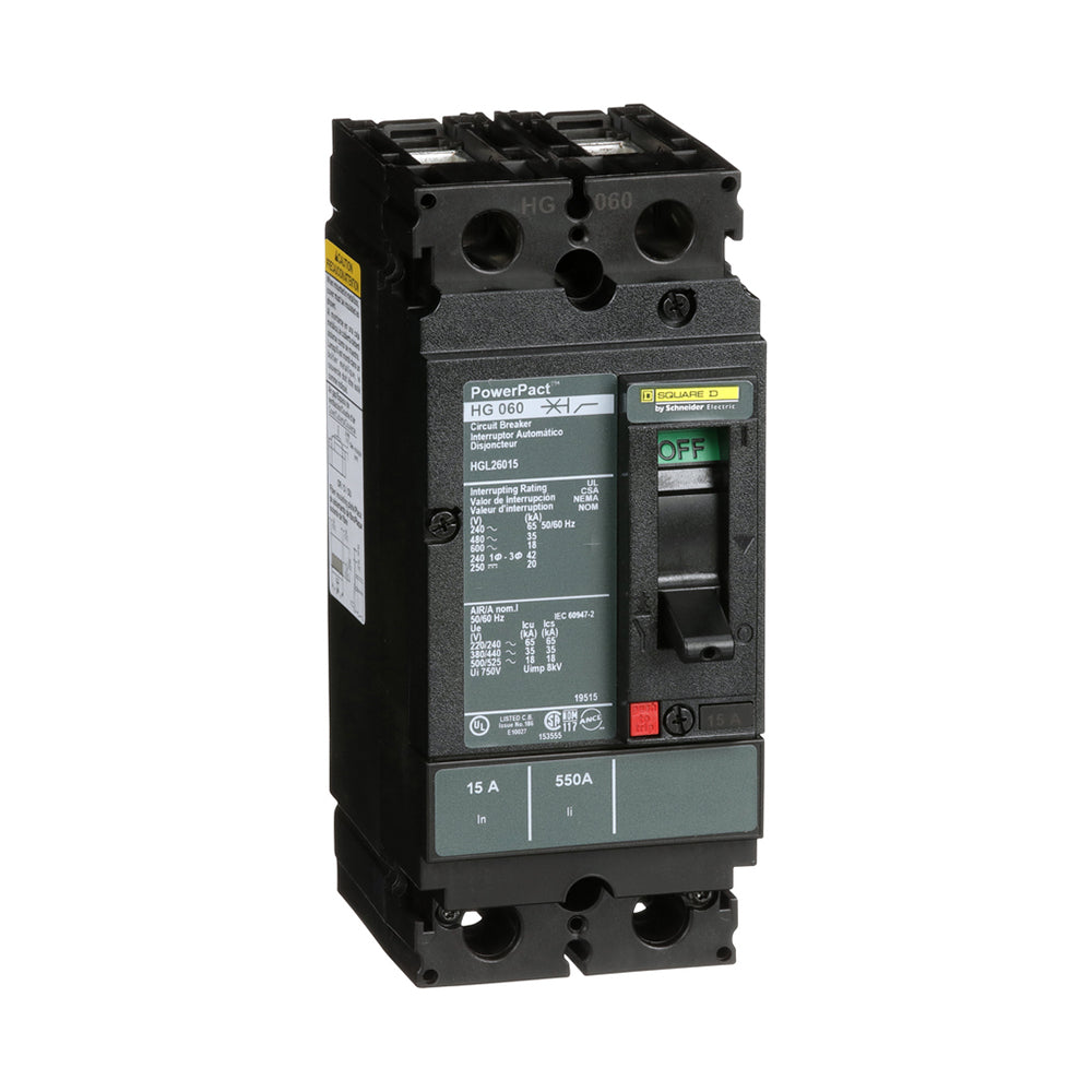 Square D HGL26015 Circuit Breaker | 600V 15A 2P 35kA@480V Feed-Thru Powerpact