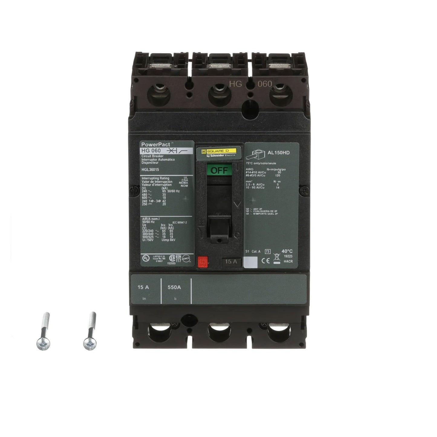 Square D HGL36015 Circuit Breaker | 600V 15A 3P 35kA@480V Bolt-On Powerpact HGL