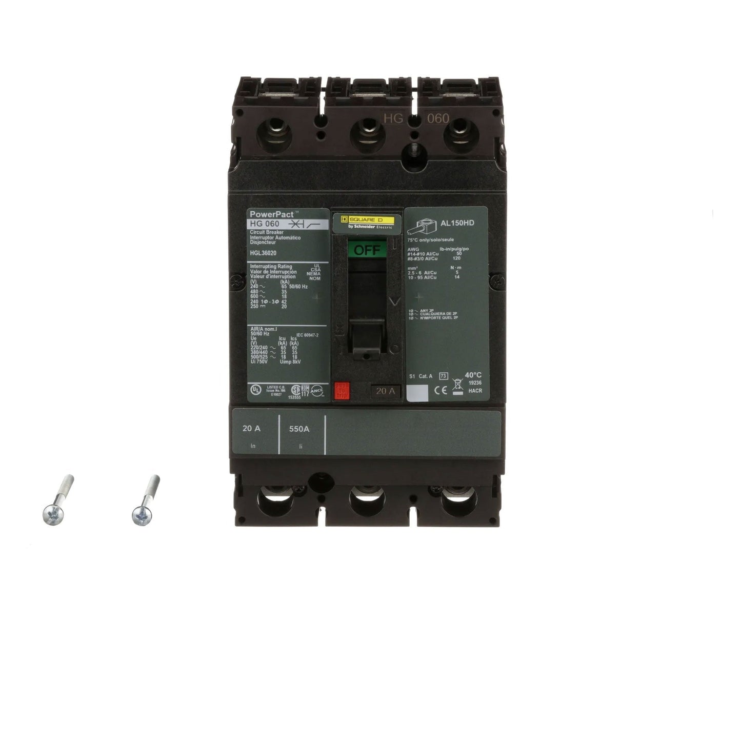 Square D HGL36020 Circuit Breaker | 600V 20A 3P 35kA@480V Bolt-On Powerpact HGL