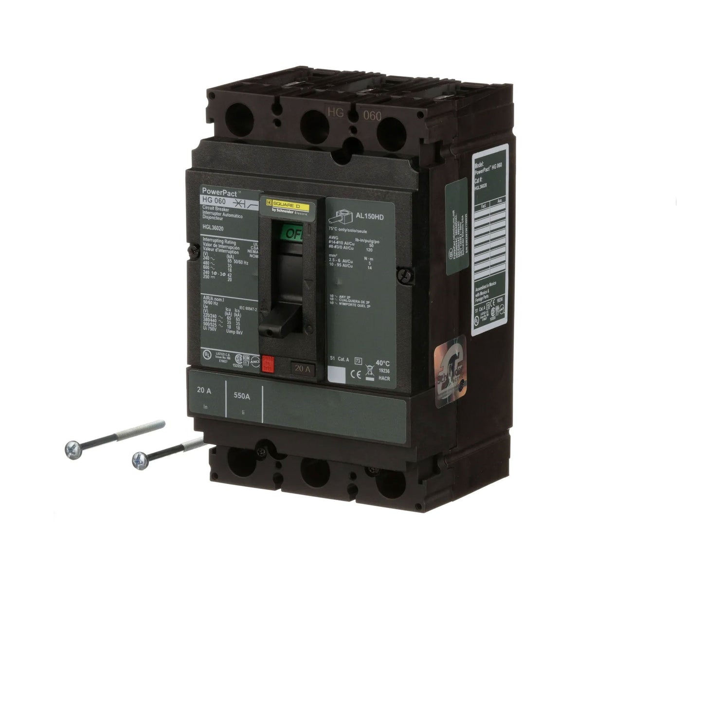 Square D HGL36020 Circuit Breaker | 600V 20A 3P 35kA@480V Bolt-On Powerpact HGL