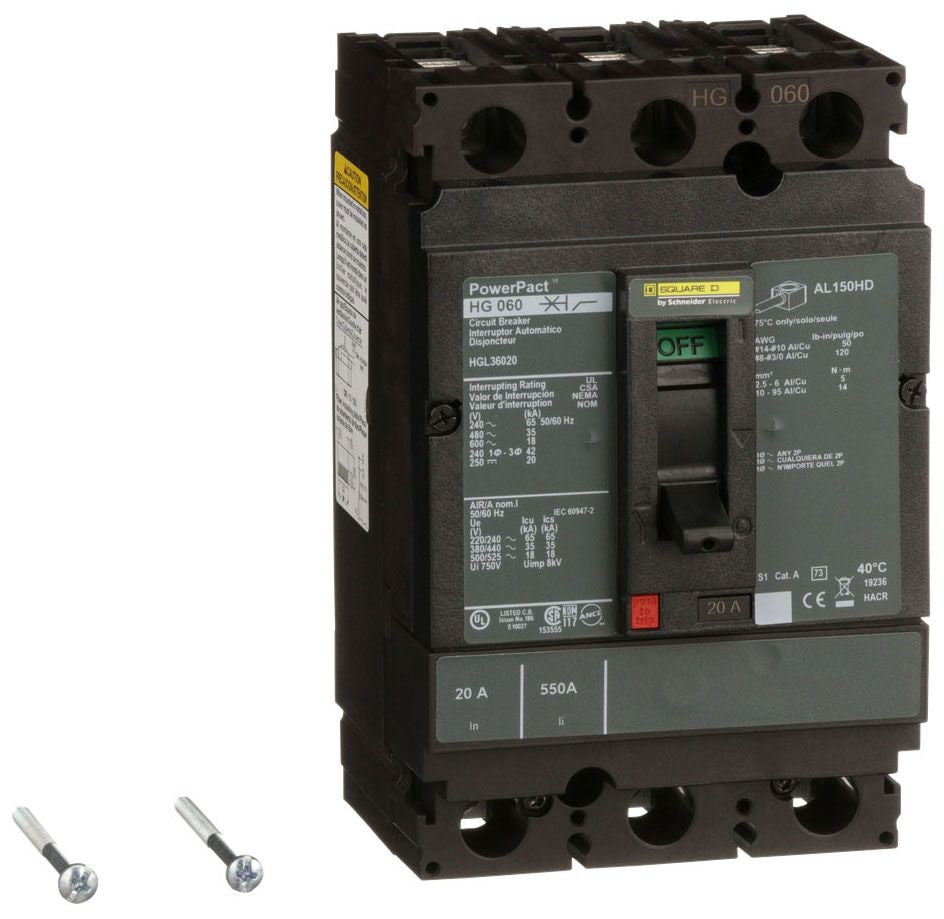 HGL36020 - Schneider Electric/ Square D Feed-Thru 20 Amp 3 Pole Circuit Breaker - Essential Electric Supply
