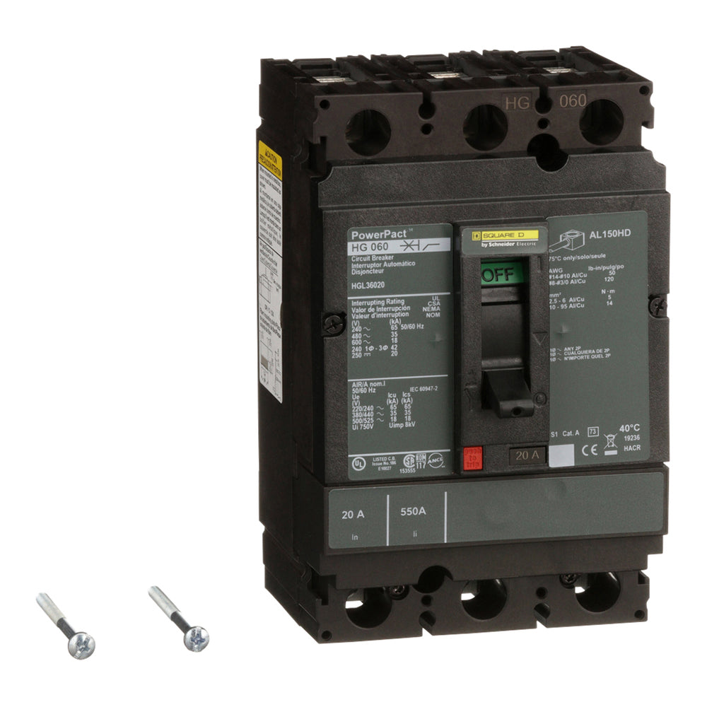 Square D HGL36020 Circuit Breaker | 600V 20A 3P 35kA@480V Bolt-On Powerpact HGL