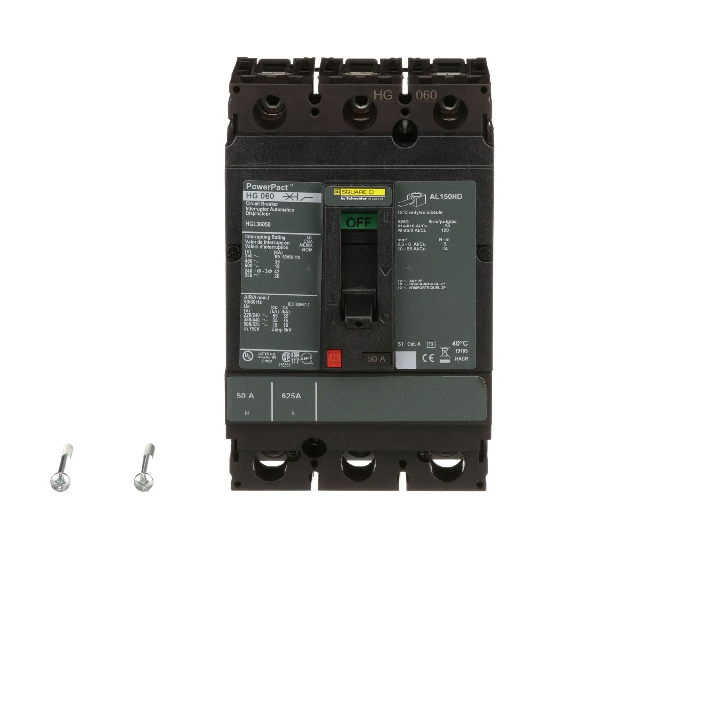 Square D HGL36050 Circuit Breaker | 600V 50A 3P 35kA@480V Bolt-On Powerpact HGL