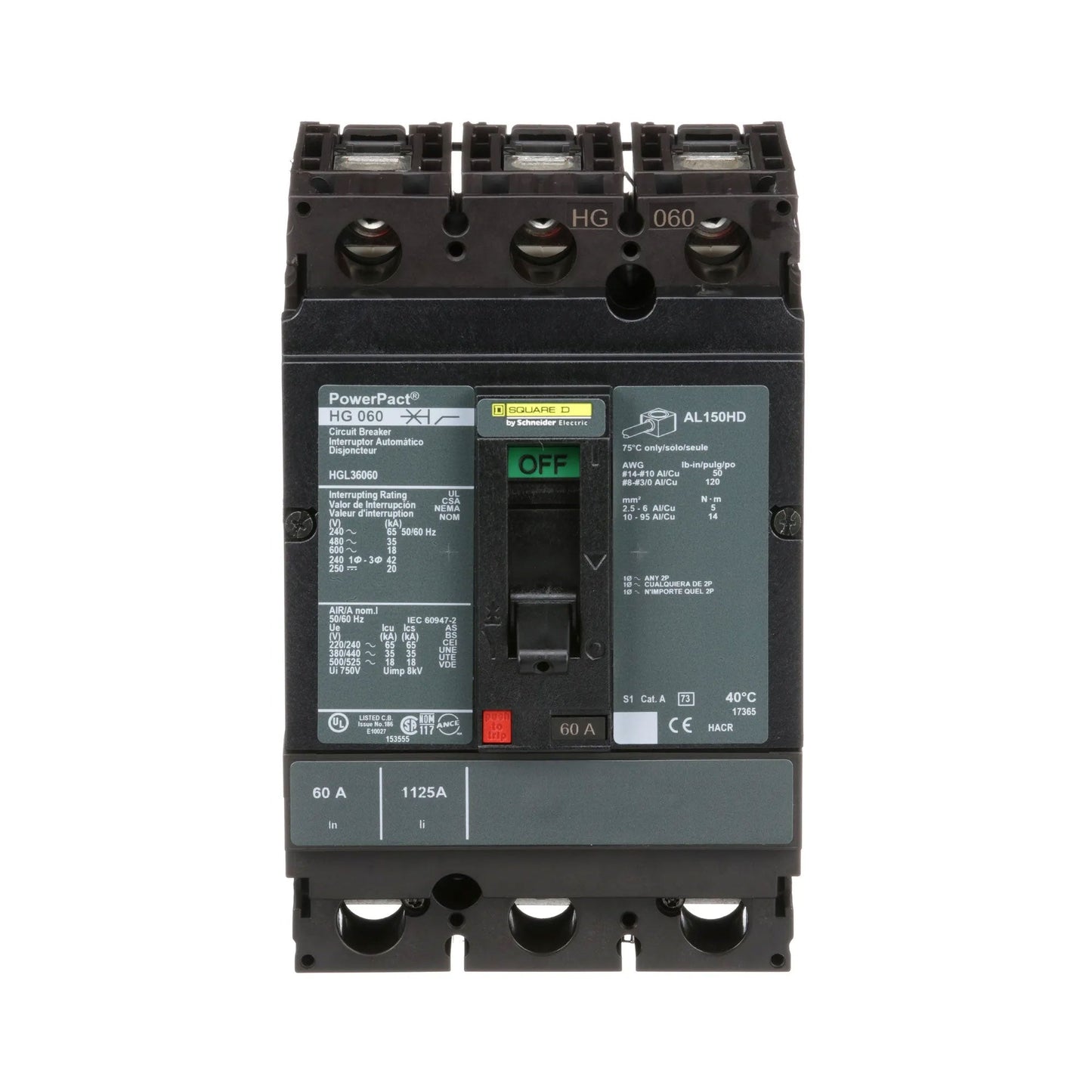 Square D HGL36060 Circuit Breaker | 600V 60A 3P 35kA@480V Feed-Thru Powerpact HGL