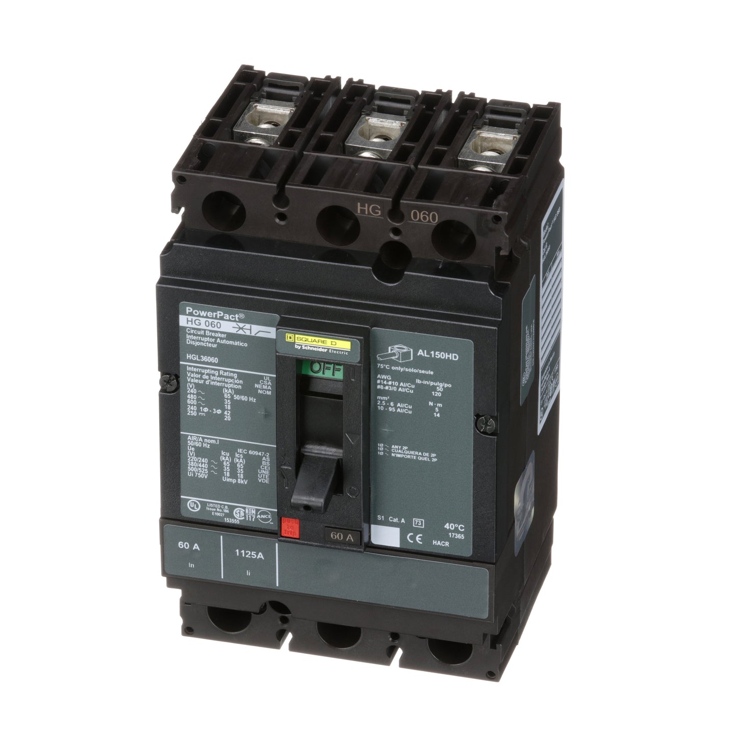 Square D HGL36060 Circuit Breaker | 600V 60A 3P 35kA@480V Feed-Thru Powerpact HGL