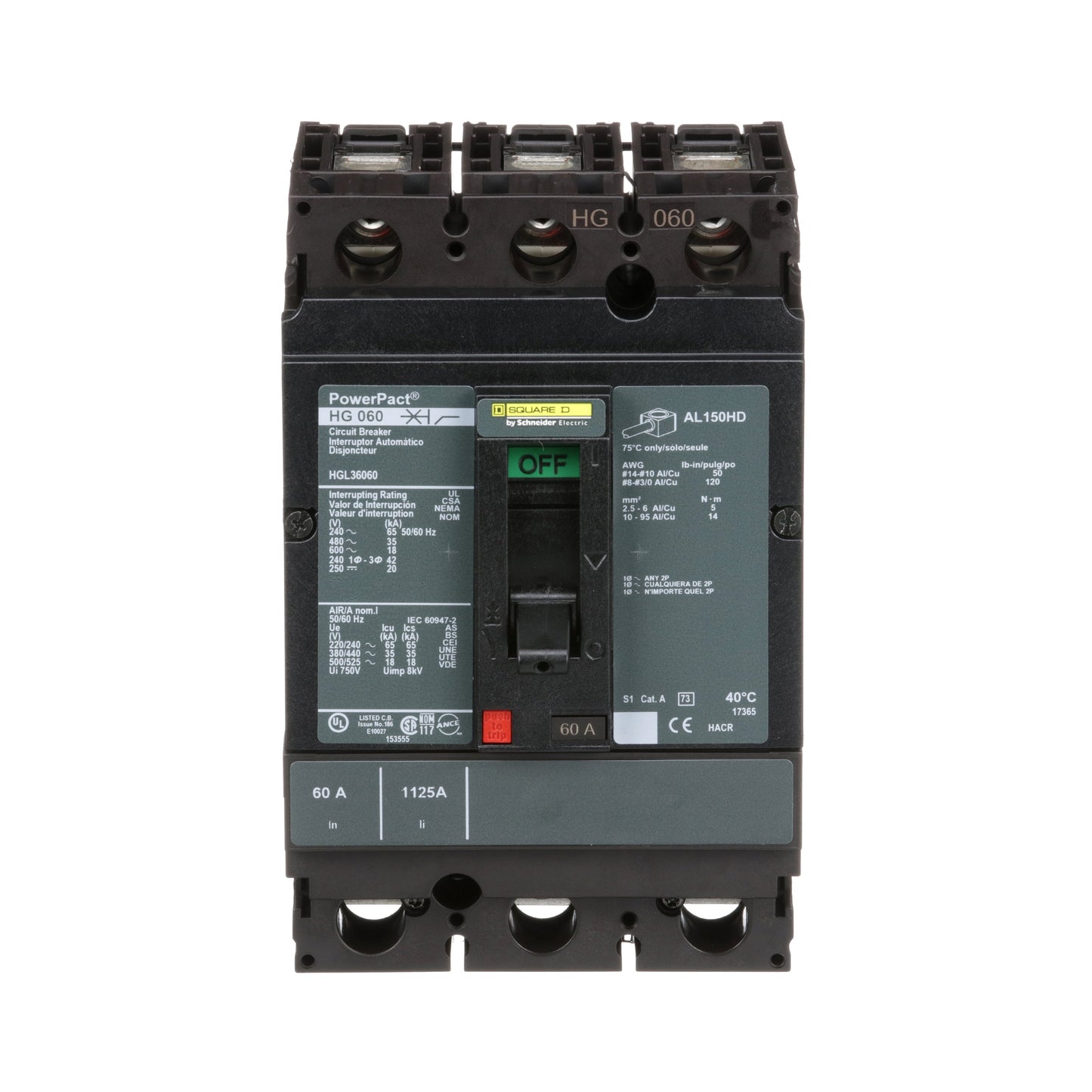 Square D HGL36060 Circuit Breaker | 600V 60A 3P 35kA@480V Feed-Thru Powerpact HGL