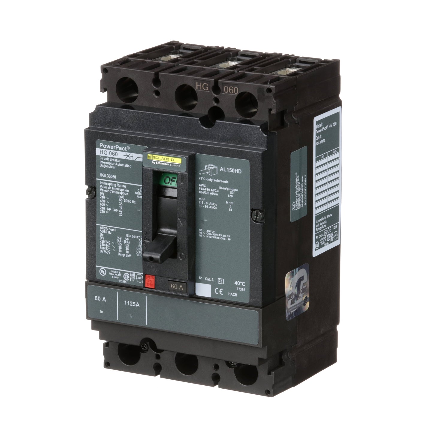 Square D HGL36060 Circuit Breaker | 600V 60A 3P 35kA@480V Feed-Thru Powerpact HGL