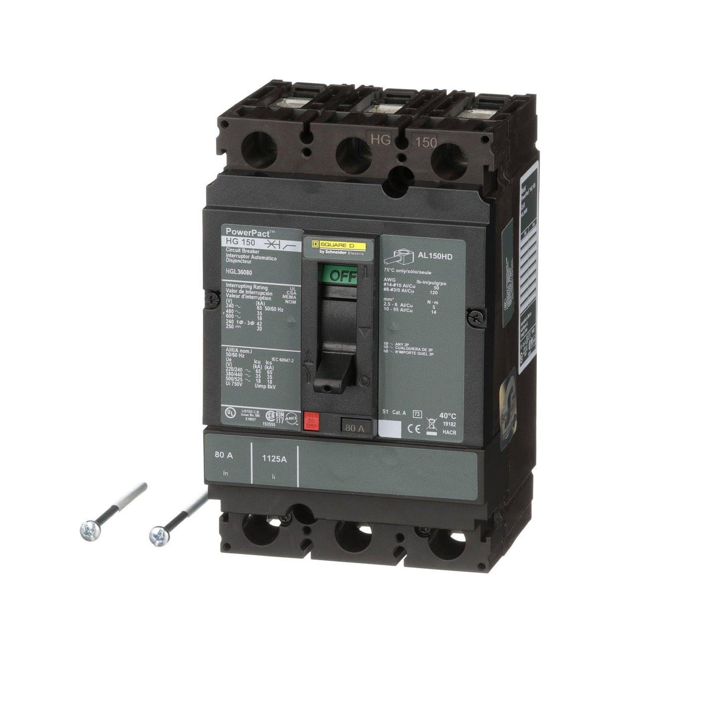 Square D HGL36080 Circuit Breaker | 600V 80A 3P 35kA@480V Feed-Thru Powerpact