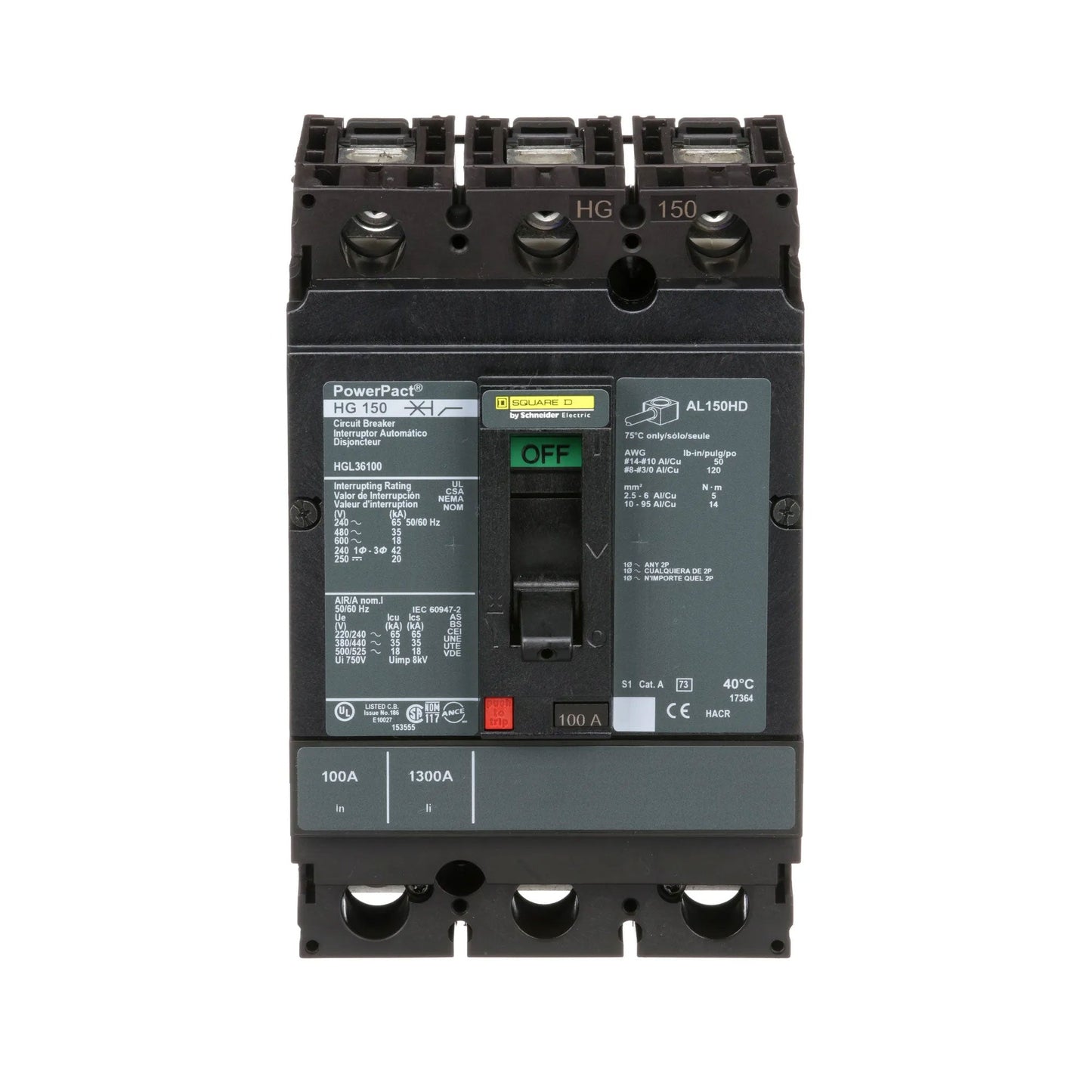 Square D HGL36100 Circuit Breaker | 600V 100A 3P 35kA@480V Bolt-On Powerpact HGL