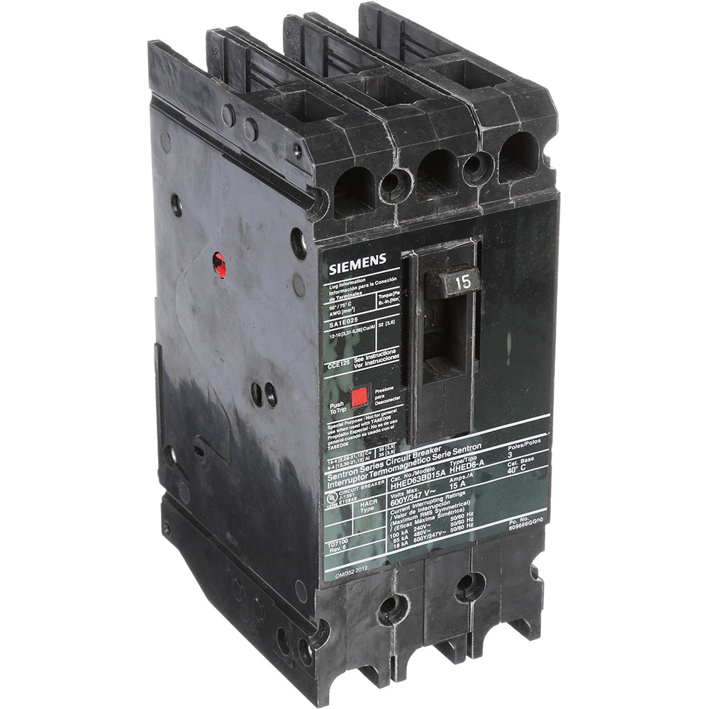 Siemens HHED63B015A Molded Case Circuit Breaker | 600V 15A 3P 65kA@480V Bolt-On Sentron Series